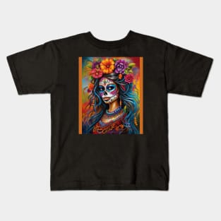 Vibrant Woman in Sugar Skull Makeup: Celebrating Day of the Dead Kids T-Shirt